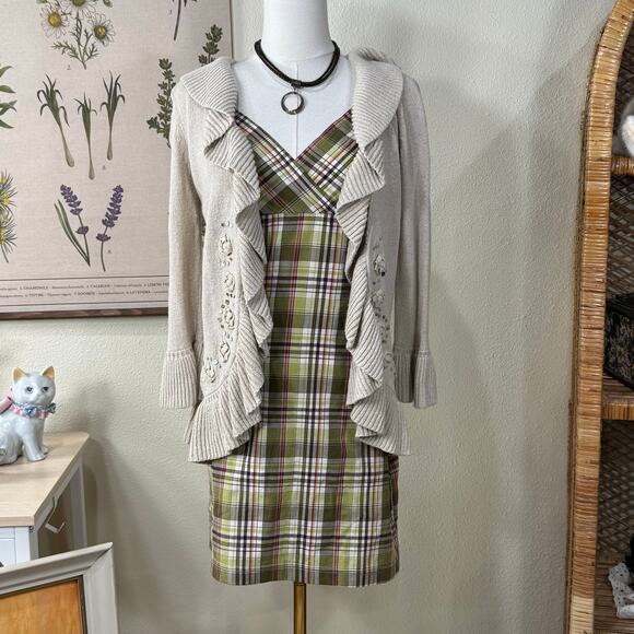 Vintage 90s Y2k Green Purple Plaid Babydoll Mini Dress Retro Mod Whimsy Twee XS - Picture 1 of 7